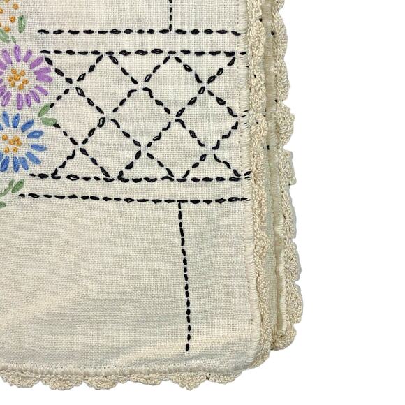 Vintage Small Table Runner Hand Flower Wreath Big Bow Lace Edges 36” x 12” - Picture 7 of 8
